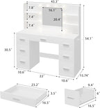 Furmax Vanity Desk with Mirror, LED Lights and Power Outlet Makeup Vanity Table with 7 Drawers and 6 Storage Shelves Dressing Table for Bedroom Dressing Room (White)