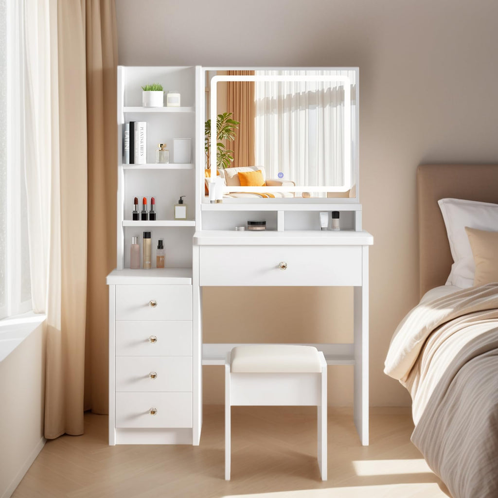 Vanity Desk Makeup Vanity Desk with Sliding Mirror and Lights, Makeup Vanity Set with Drawers, Stool and Open Shelves, 3 Color Lighting Modes Brightness Adjustable Dressing Table for Bedroom (Model 1)