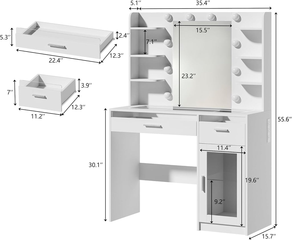 Vanity Desk with Mirror and Lights, Makeup Vanity Desk with Lights 3 Colors, Transparent Top Vanity with 2 RGB Drawers, 6 Shelves, Large Tempered Cabinet, Power Outlet, for Bedroom, White