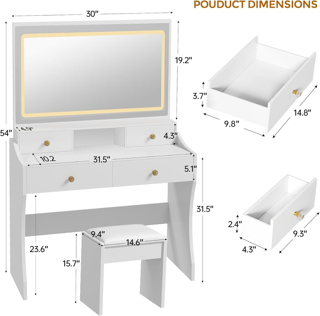 COMHOMA Makeup Vanity Desk with Mirror and Lights, Vanity Table and Chair Set with 5 Drawers and Charging Station, Bedroom Dresser LED Mirror Stepless Dimmable & 3 Color Modes Adjustable, White