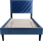 Adjustable V-Stitch Headboard Twin Bed Frame in Navy Blue Velvet
