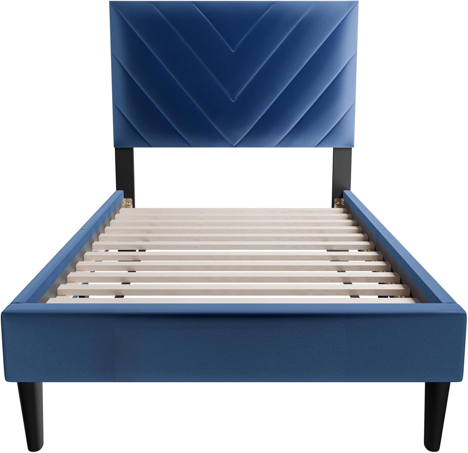 Adjustable V-Stitch Headboard Twin Bed Frame in Navy Blue Velvet