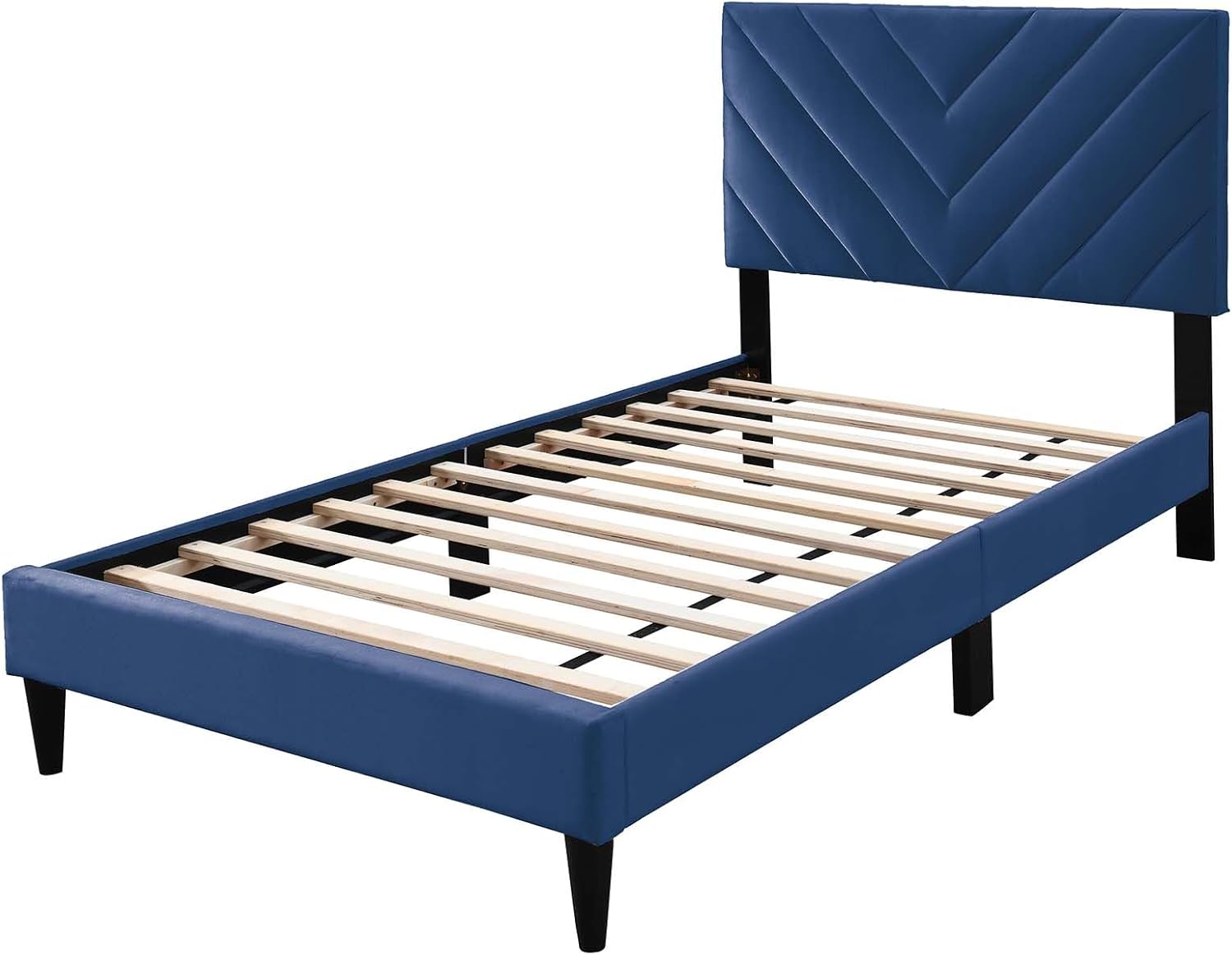 Adjustable V-Stitch Headboard Twin Bed Frame in Navy Blue Velvet