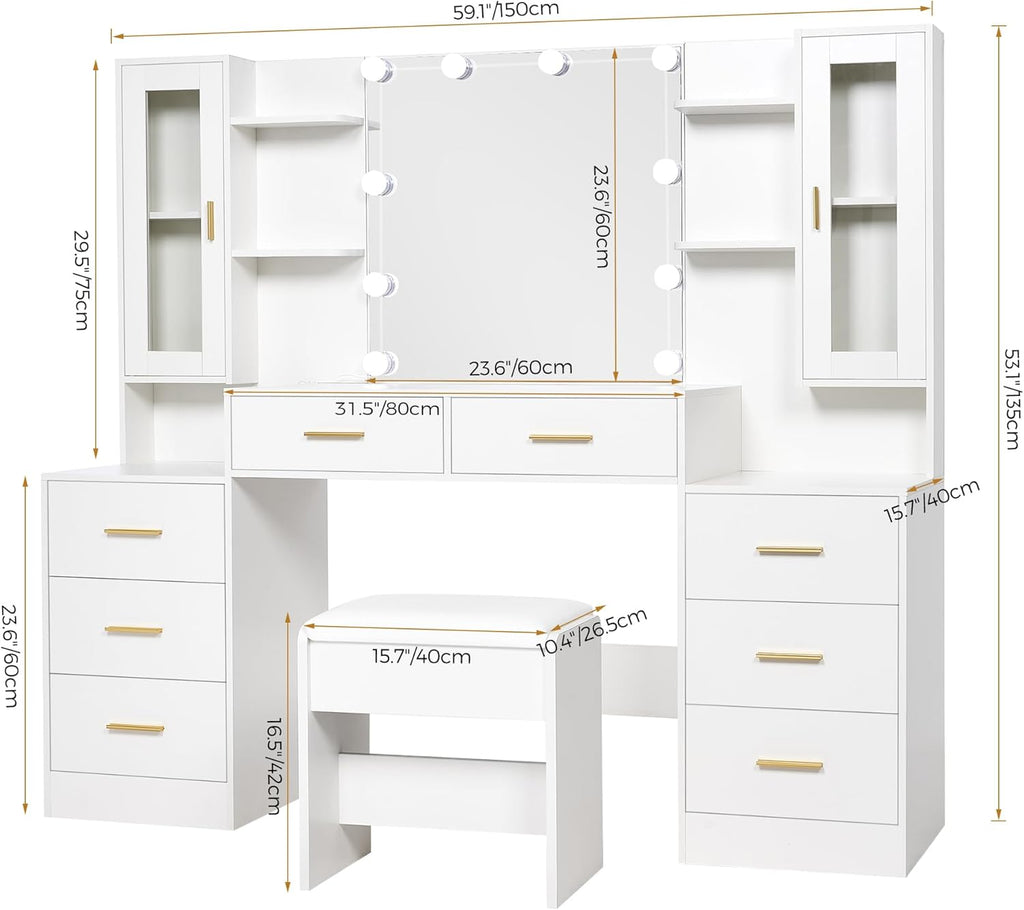ANWBROAD 59.1" Large Vanity Desk with Mirror & Lights White Makeup Vanity Set with Power Outlet and 8 Drawers 3 Lighting Modes Adjustable Dressing Table for Girl Women Bedroom Dressing Room UBDT67W