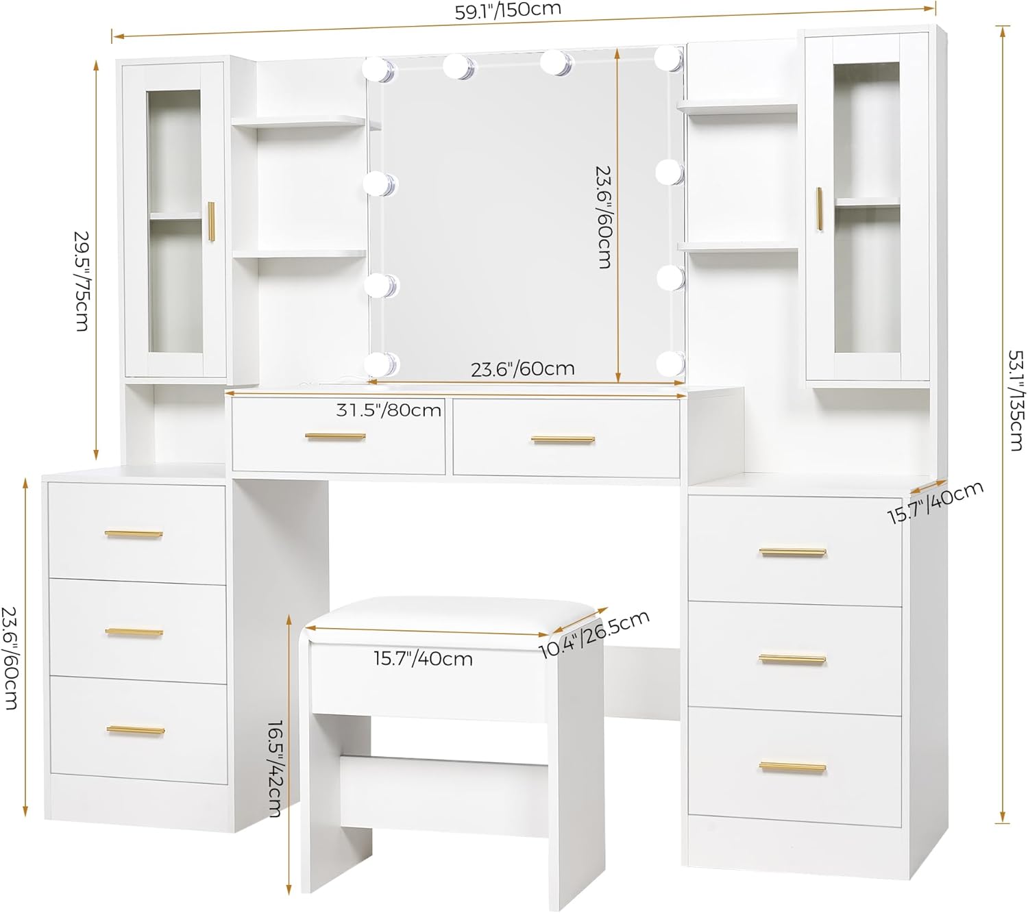 ANWBROAD 59.1" Large Vanity Desk with Mirror & Lights White Makeup Vanity Set with Power Outlet and 8 Drawers 3 Lighting Modes Adjustable Dressing Table for Girl Women Bedroom Dressing Room UBDT67W
