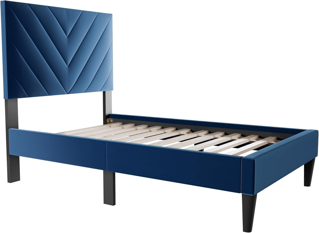 Adjustable V-Stitch Headboard Twin Bed Frame in Navy Blue Velvet