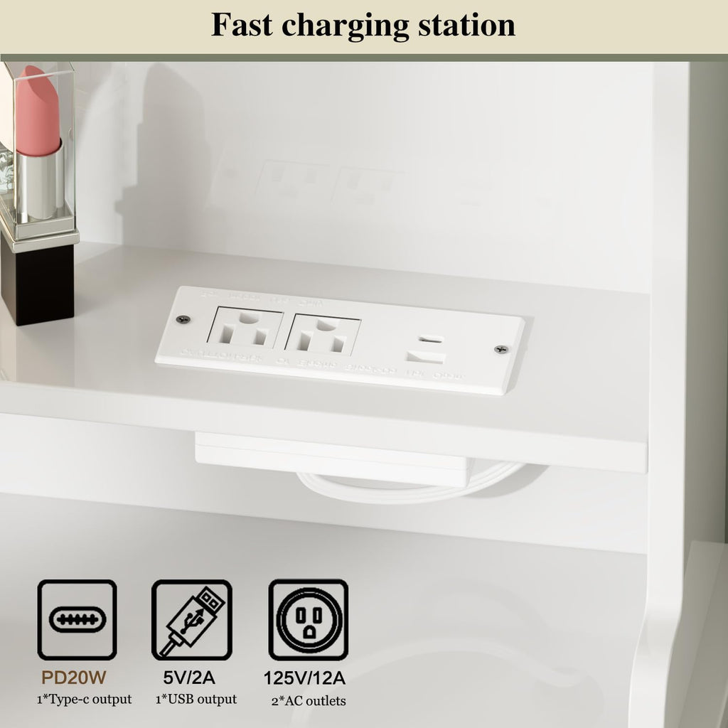 Makeup Vanity Desk with Mirror and Lights, Vanity Desk with 8 Drawers & Storage Shelves, Vanity Table with Power Outlet, 3 Color Modes & Adjustable Brightness Dressing Table, Bedroom,White