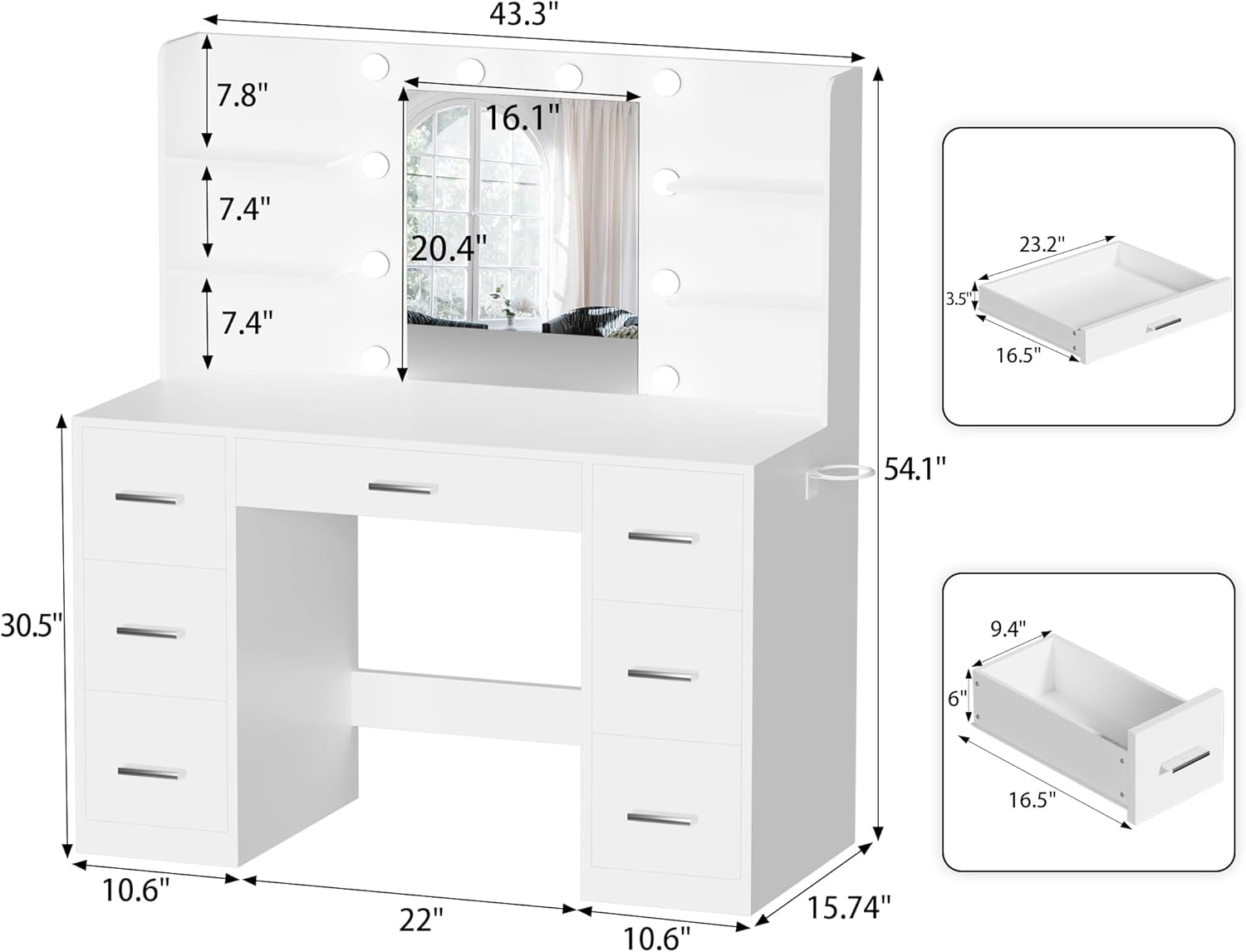 YESHOMY Vanity Desk with Mirror, Power Outlet and 10 Lights, Makeup Table with 7 Drawers, 3 Color Modes Available for Bedroom, Pure White