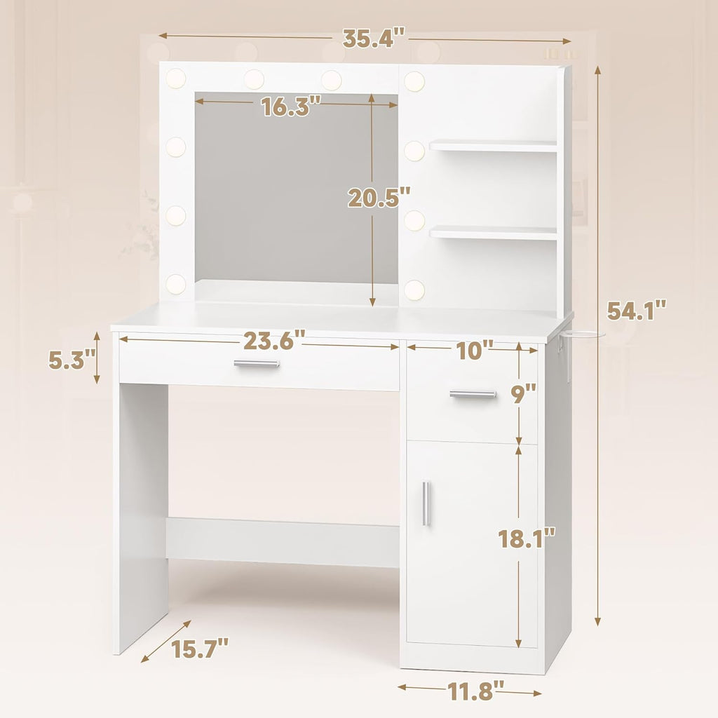 JUMMICO 35.4" Vanity Desk with LED Mirror & Power Outlet, Makeup Vanity Table with 3 Open Storage Shelves, Drawers and Cabinet, 3 Model Adjustable Lights for Bedroom & Dressing Room (White)