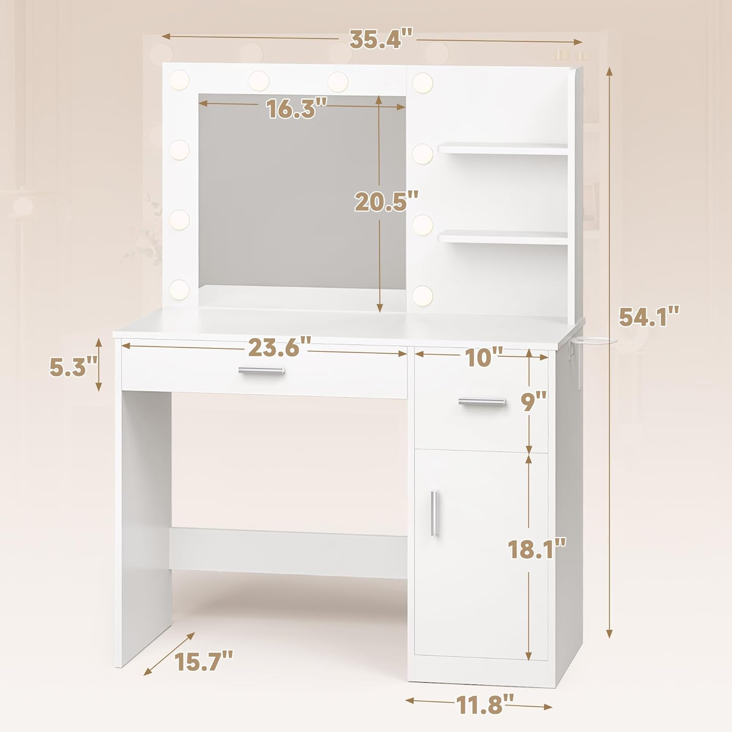 JUMMICO 35.4" Vanity Desk with LED Mirror & Power Outlet, Makeup Vanity Table with 3 Open Storage Shelves, Drawers and Cabinet, 3 Model Adjustable Lights for Bedroom & Dressing Room (White)