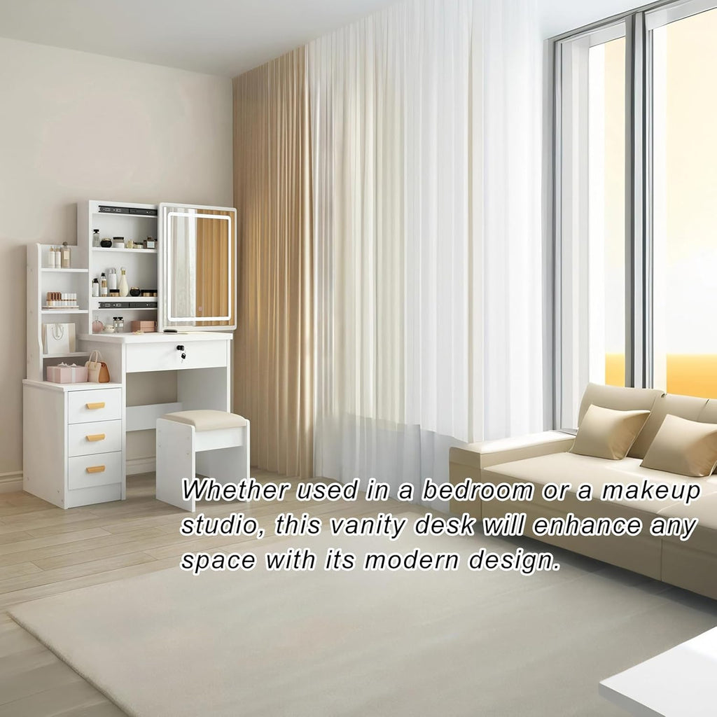 Vanity Desk Makeup Vanity Desk with Sliding Mirror and Lights, Makeup Vanity Set with Drawers, Stool and Open Shelves, 3 Color Lighting Modes Brightness Adjustable Dressing Table for Bedroom (Model 1)