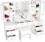 ANWBROAD 59.1" Large Vanity Desk with Mirror & Lights White Makeup Vanity Set with Power Outlet and 8 Drawers 3 Lighting Modes Adjustable Dressing Table for Girl Women Bedroom Dressing Room UBDT67W