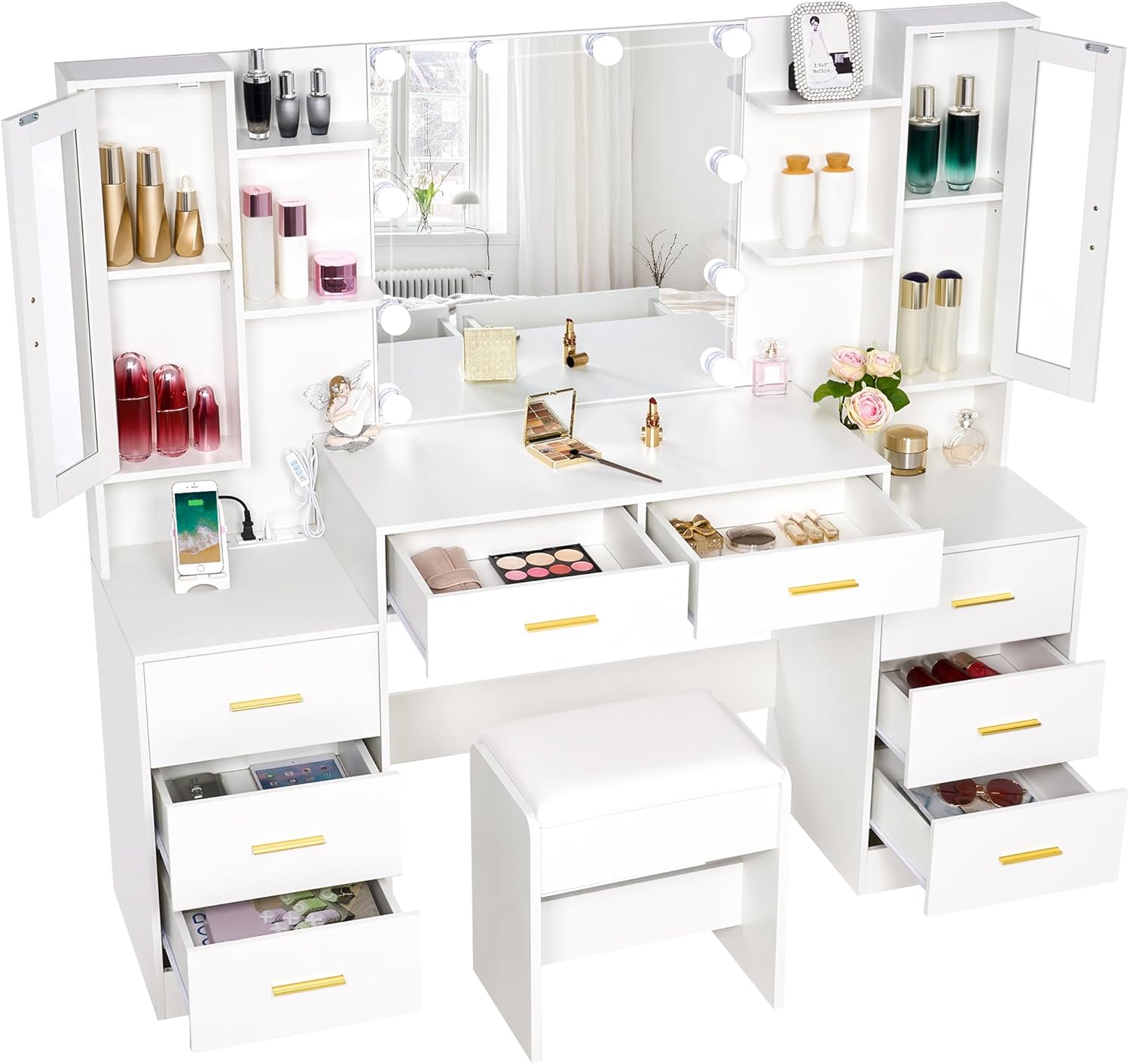 ANWBROAD 59.1" Large Vanity Desk with Mirror & Lights White Makeup Vanity Set with Power Outlet and 8 Drawers 3 Lighting Modes Adjustable Dressing Table for Girl Women Bedroom Dressing Room UBDT67W