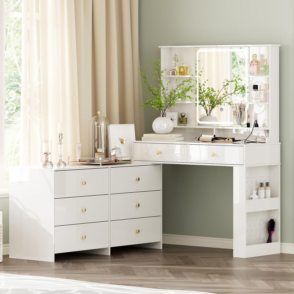 Makeup Vanity Desk with Mirror and Lights, Vanity Desk with 8 Drawers & Storage Shelves, Vanity Table with Power Outlet, 3 Color Modes & Adjustable Brightness Dressing Table, Bedroom,White