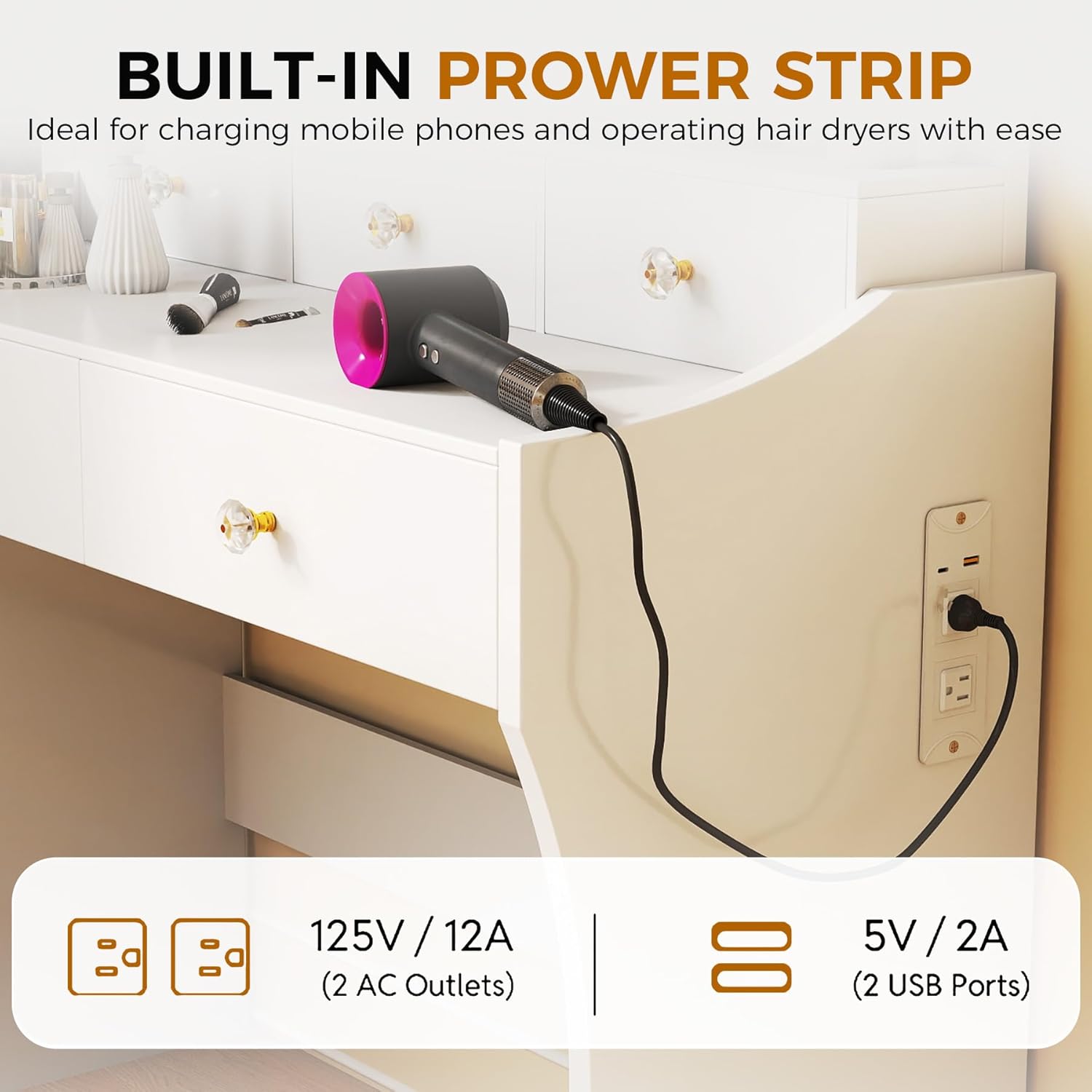 COMHOMA Makeup Vanity Desk with Mirror and Lights, Vanity Table and Chair Set with 5 Drawers and Charging Station, Bedroom Dresser LED Mirror Stepless Dimmable & 3 Color Modes Adjustable, White