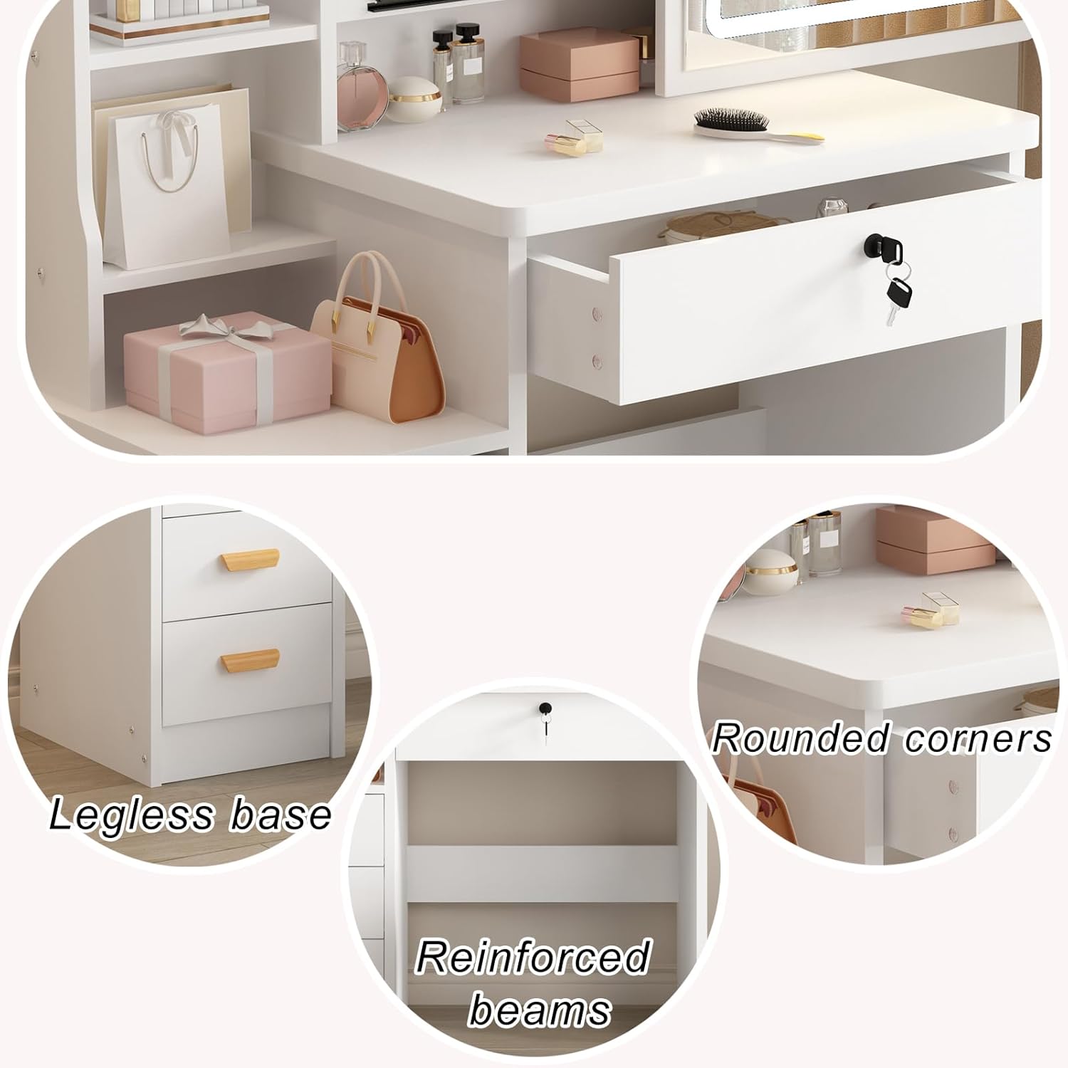 Vanity Desk Makeup Vanity Desk with Sliding Mirror and Lights, Makeup Vanity Set with Drawers, Stool and Open Shelves, 3 Color Lighting Modes Brightness Adjustable Dressing Table for Bedroom (Model 1)