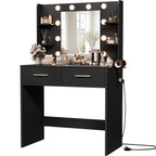 Furmax Make up Vanity Desk with Mirror and Power Outlet, Vanity with 3 Color Light Options Adjustable Brightness,Vanity Desk with 2 Drawers, 6 Storage Shelves (White, with Bench)