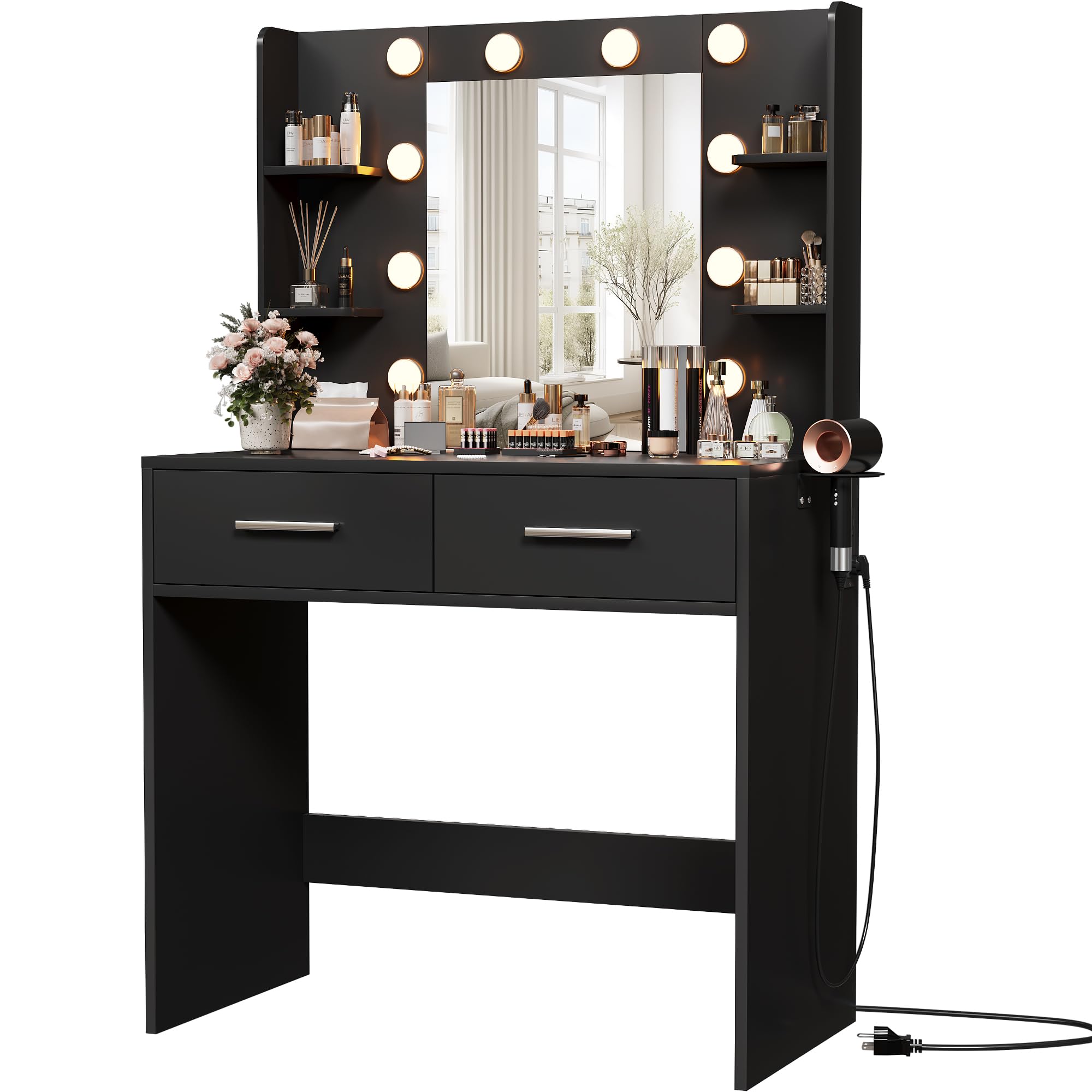 Furmax Make up Vanity Desk with Mirror and Power Outlet, Vanity with 3 Color Light Options Adjustable Brightness,Vanity Desk with 2 Drawers, 6 Storage Shelves (White, with Bench)