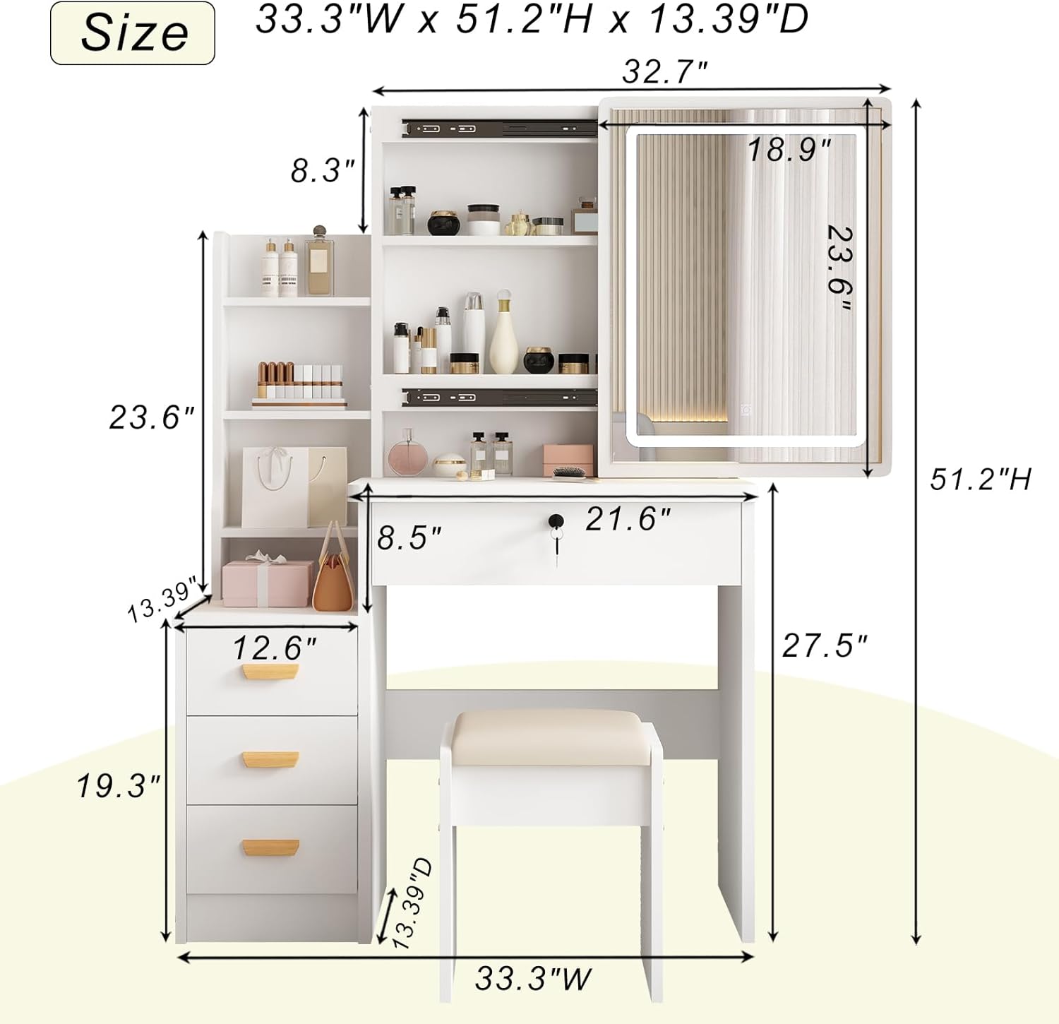 Vanity Desk Makeup Vanity Desk with Sliding Mirror and Lights, Makeup Vanity Set with Drawers, Stool and Open Shelves, 3 Color Lighting Modes Brightness Adjustable Dressing Table for Bedroom (Model 1)