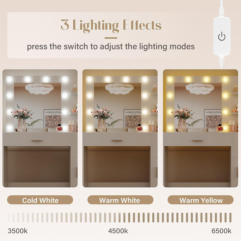 JUMMICO 35.4" Vanity Desk with LED Mirror & Power Outlet, Makeup Vanity Table with 3 Open Storage Shelves, Drawers and Cabinet, 3 Model Adjustable Lights for Bedroom & Dressing Room (White)