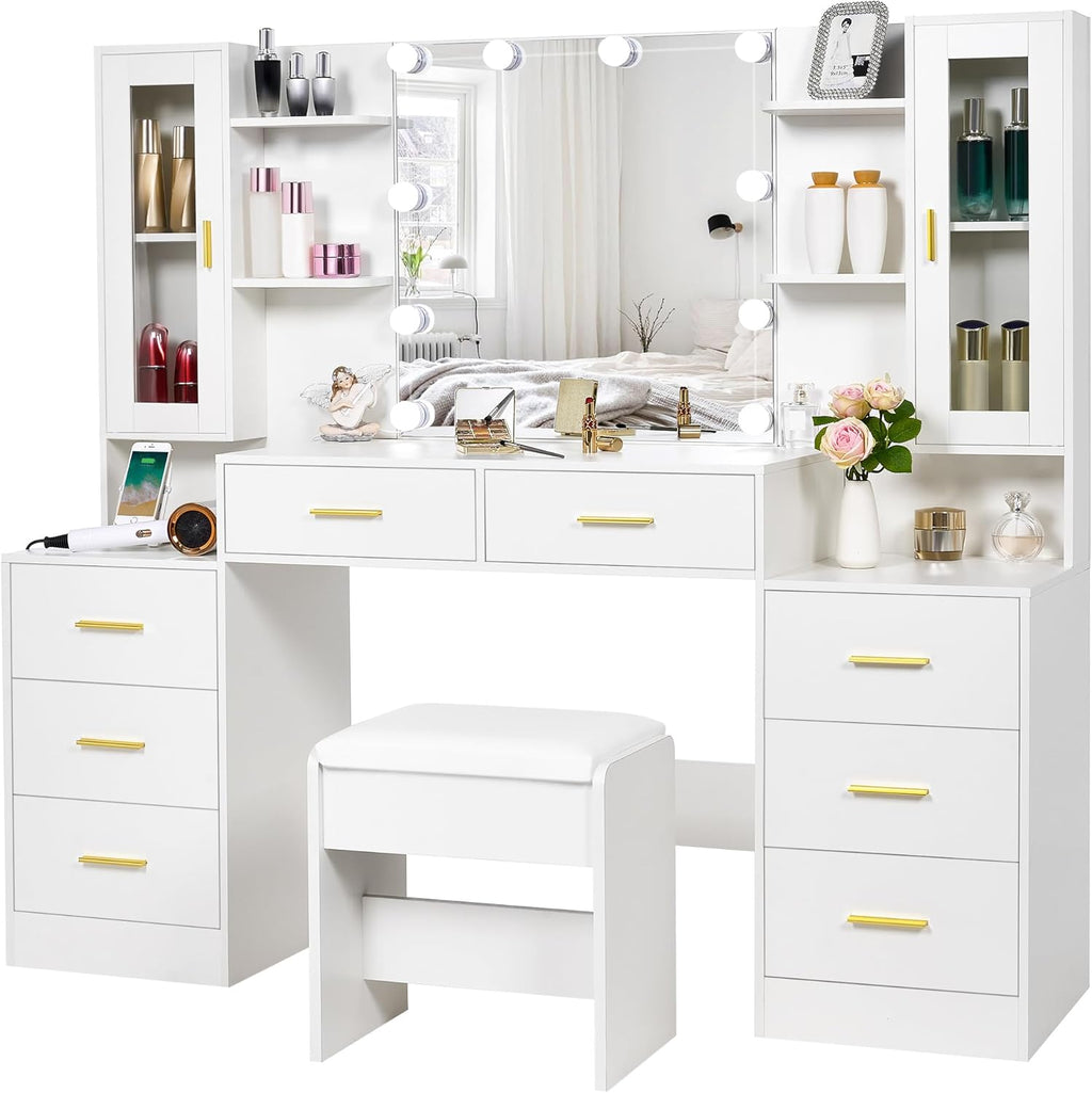 ANWBROAD 59.1" Large Vanity Desk with Mirror & Lights White Makeup Vanity Set with Power Outlet and 8 Drawers 3 Lighting Modes Adjustable Dressing Table for Girl Women Bedroom Dressing Room UBDT67W