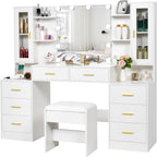 ANWBROAD 59.1" Large Vanity Desk with Mirror & Lights White Makeup Vanity Set with Power Outlet and 8 Drawers 3 Lighting Modes Adjustable Dressing Table for Girl Women Bedroom Dressing Room UBDT67W
