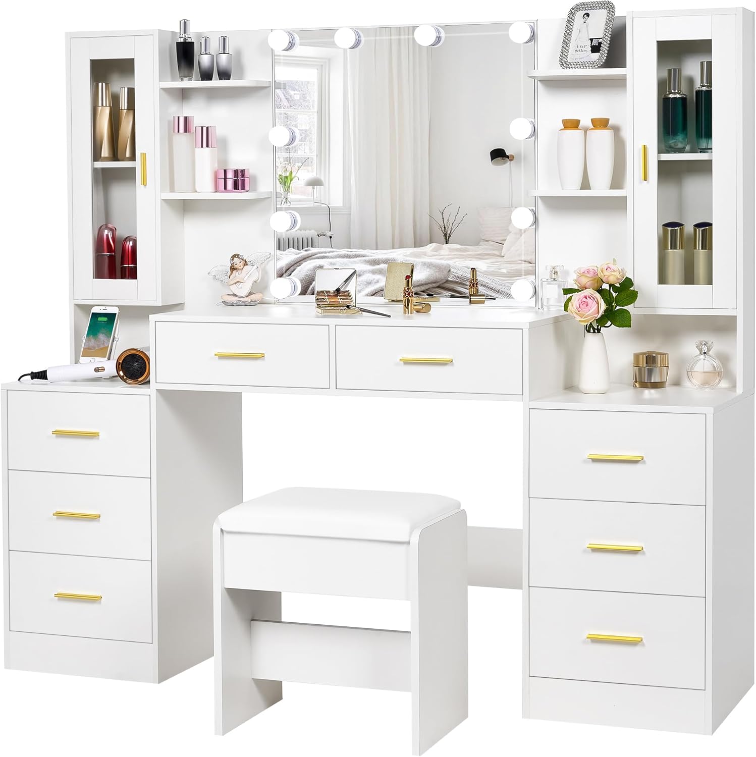 ANWBROAD 59.1" Large Vanity Desk with Mirror & Lights White Makeup Vanity Set with Power Outlet and 8 Drawers 3 Lighting Modes Adjustable Dressing Table for Girl Women Bedroom Dressing Room UBDT67W