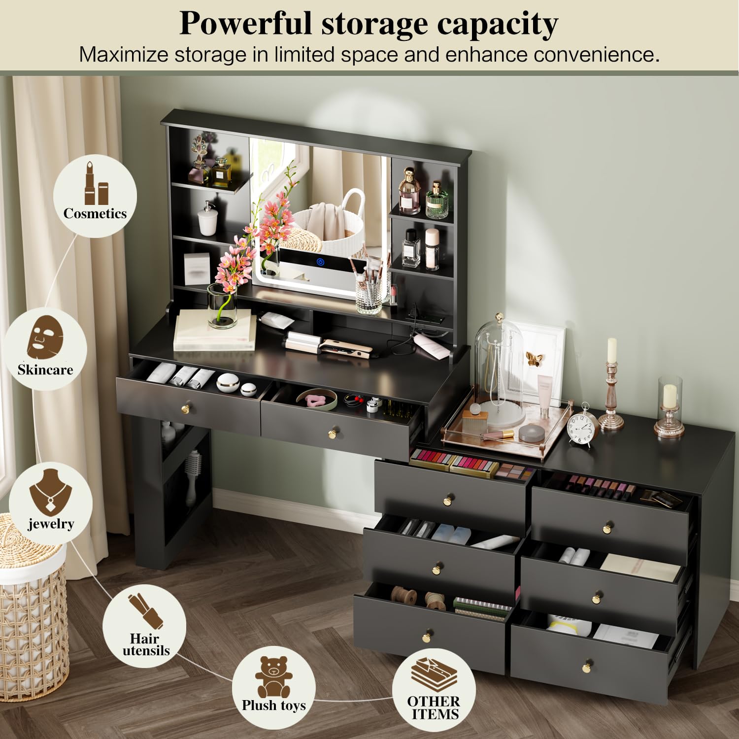 Makeup Vanity Desk with Mirror and Lights, Vanity Desk with 8 Drawers & Storage Shelves, Vanity Table with Power Outlet, 3 Color Modes & Adjustable Brightness Dressing Table, Bedroom,White