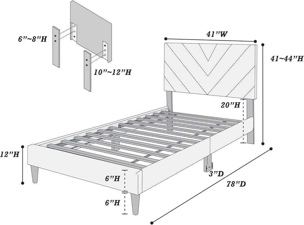 Adjustable V-Stitch Headboard Twin Bed Frame in Navy Blue Velvet
