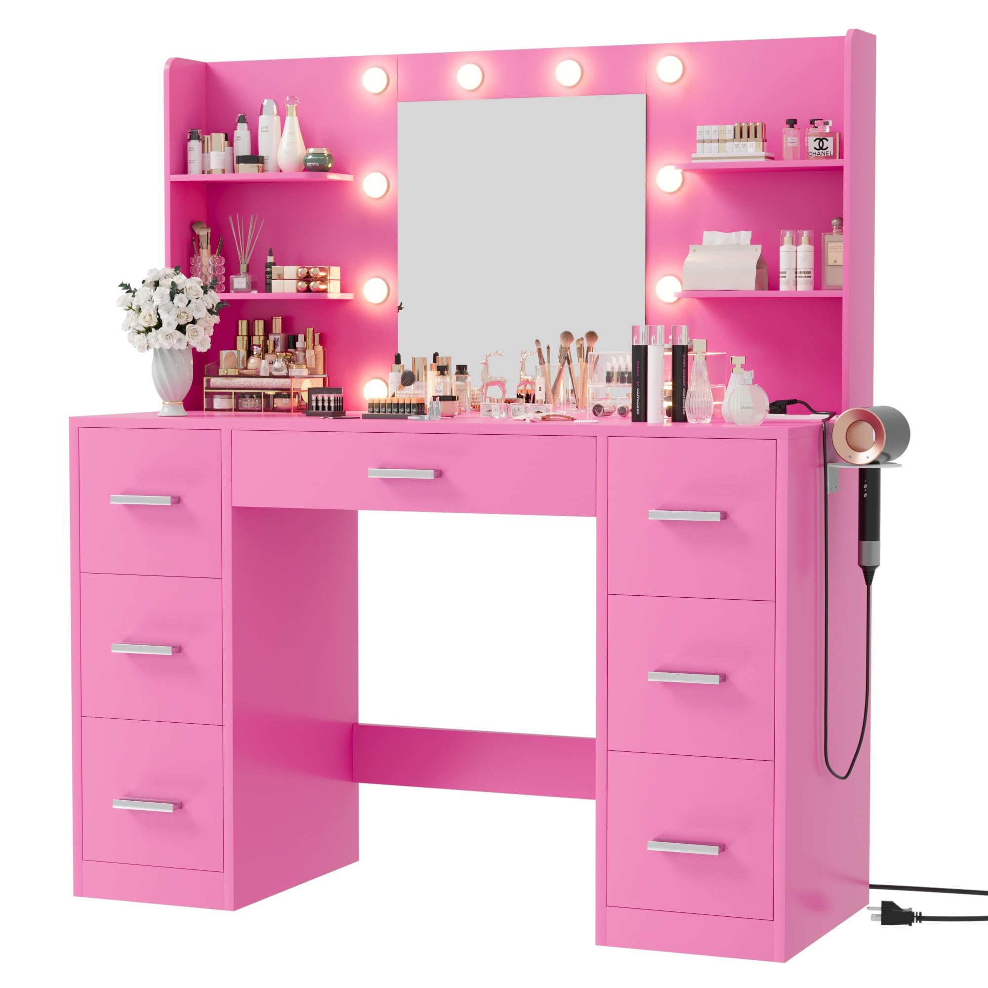 Furmax Vanity Desk with Mirror, LED Lights and Power Outlet Makeup Vanity Table with 7 Drawers and 6 Storage Shelves Dressing Table for Bedroom Dressing Room (White)