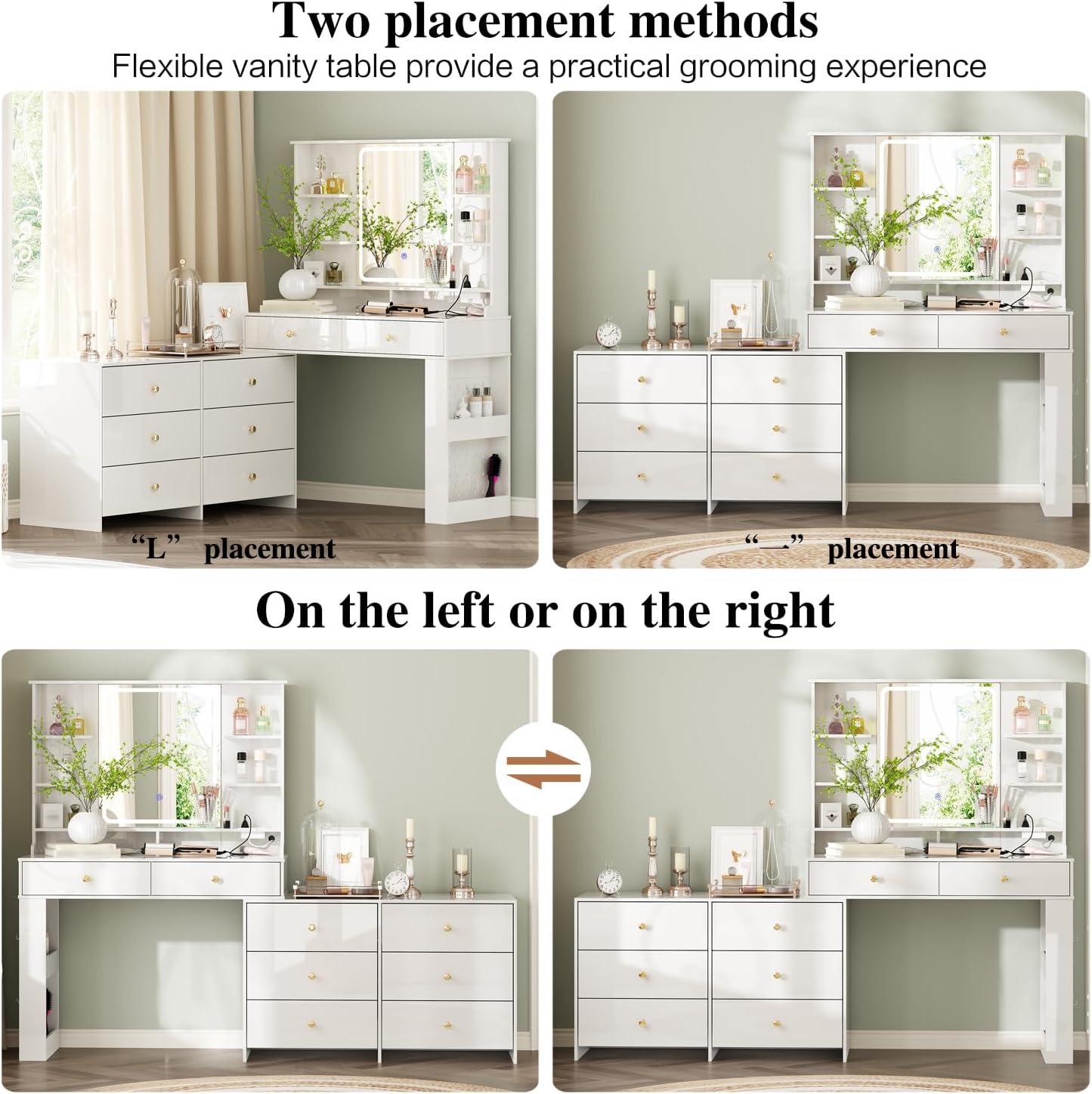 Makeup Vanity Desk with Mirror and Lights, Vanity Desk with 8 Drawers & Storage Shelves, Vanity Table with Power Outlet, 3 Color Modes & Adjustable Brightness Dressing Table, Bedroom,White