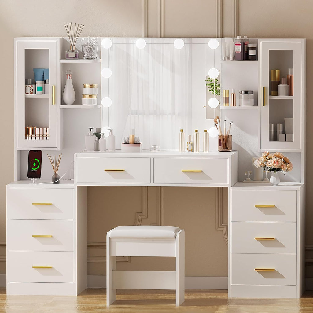 ANWBROAD 59.1" Large Vanity Desk with Mirror & Lights White Makeup Vanity Set with Power Outlet and 8 Drawers 3 Lighting Modes Adjustable Dressing Table for Girl Women Bedroom Dressing Room UBDT67W