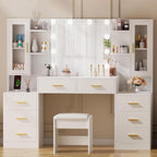 ANWBROAD 59.1" Large Vanity Desk with Mirror & Lights White Makeup Vanity Set with Power Outlet and 8 Drawers 3 Lighting Modes Adjustable Dressing Table for Girl Women Bedroom Dressing Room UBDT67W
