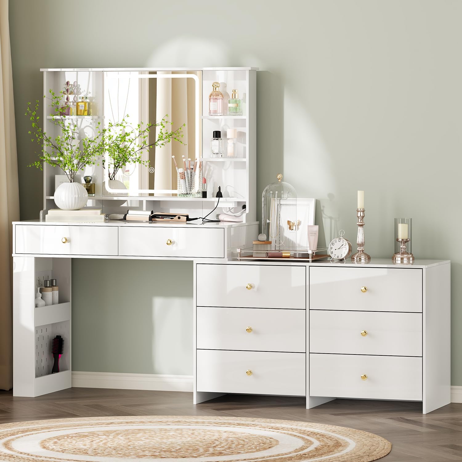 Makeup Vanity Desk with Mirror and Lights, Vanity Desk with 8 Drawers & Storage Shelves, Vanity Table with Power Outlet, 3 Color Modes & Adjustable Brightness Dressing Table, Bedroom,White