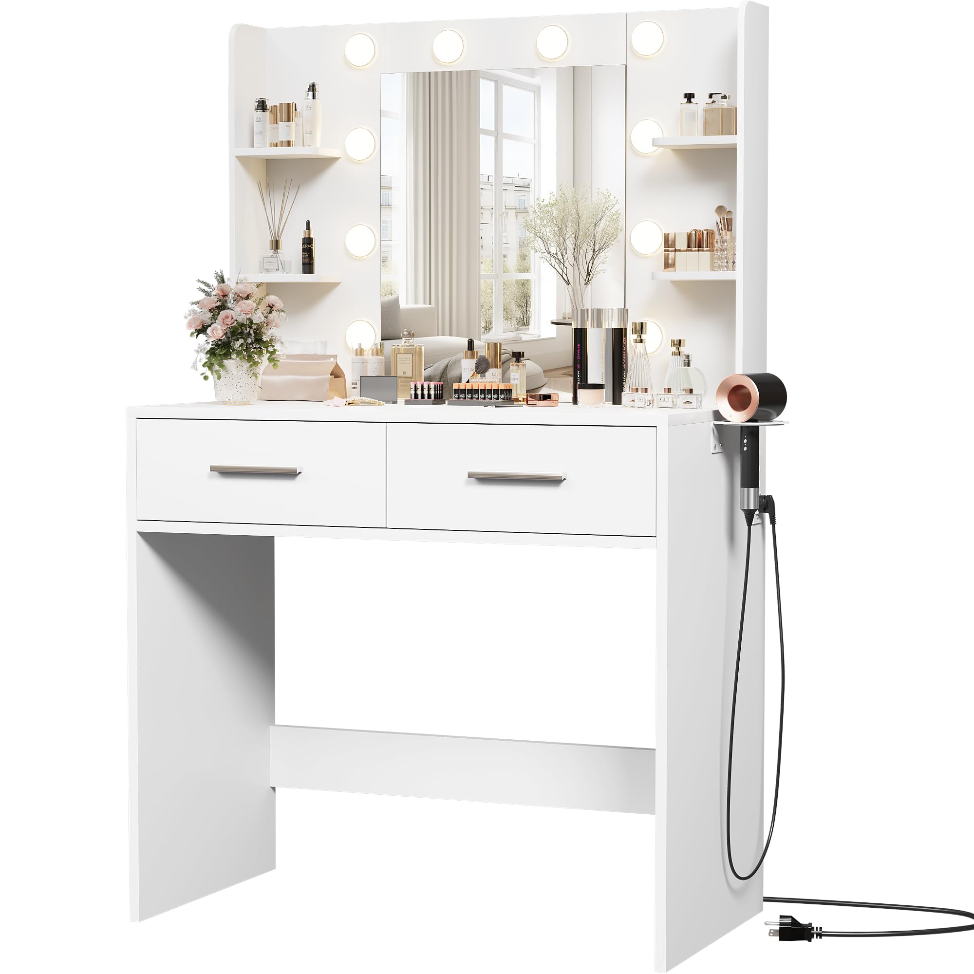 Furmax Make up Vanity Desk with Mirror and Power Outlet, Vanity with 3 Color Light Options Adjustable Brightness,Vanity Desk with 2 Drawers, 6 Storage Shelves (White, with Bench)
