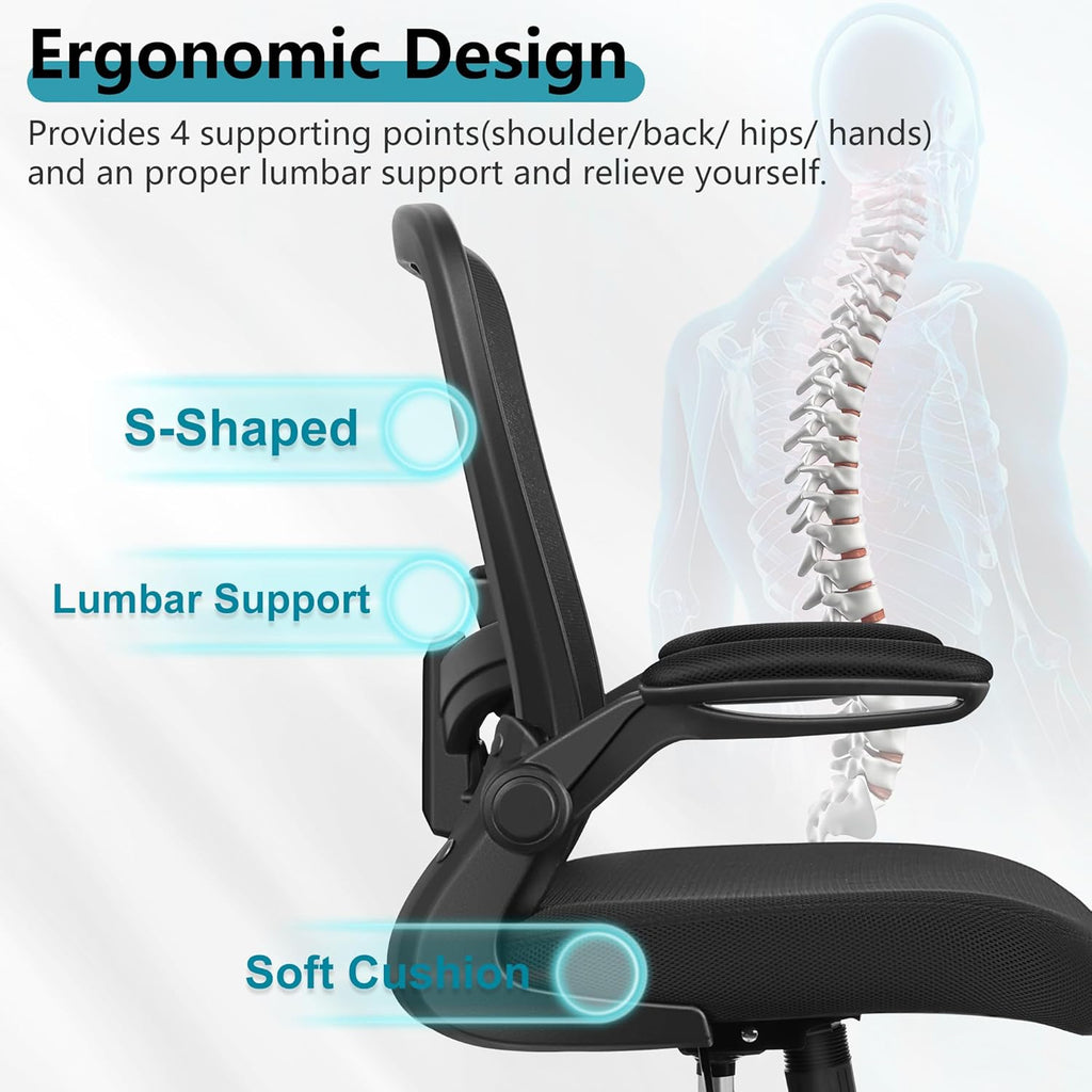 Desk Chair Breathable Mesh Chairs Adjustable High Back Lumbar Support Flip-up Armrests