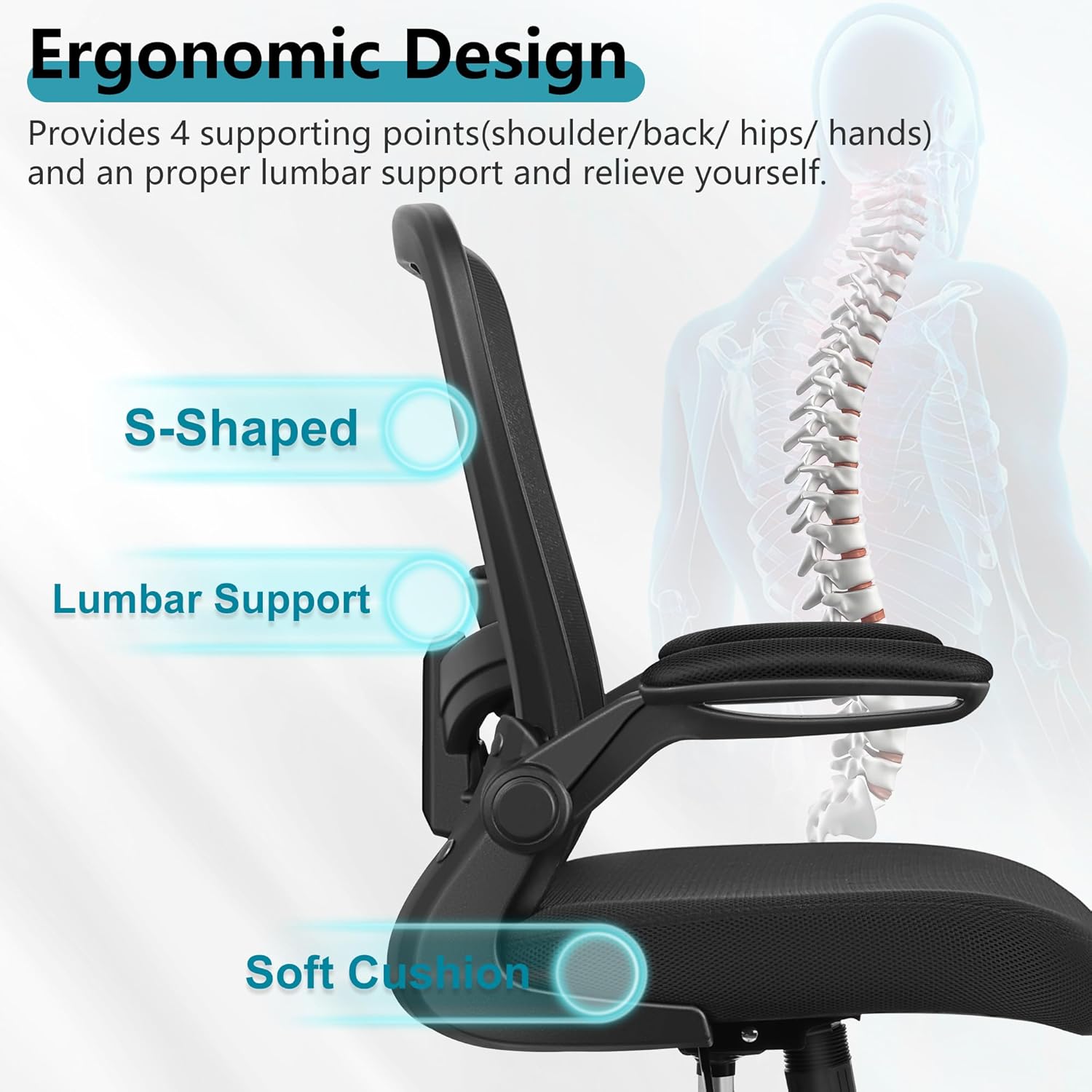 Desk Chair Breathable Mesh Chairs Adjustable High Back Lumbar Support Flip-up Armrests