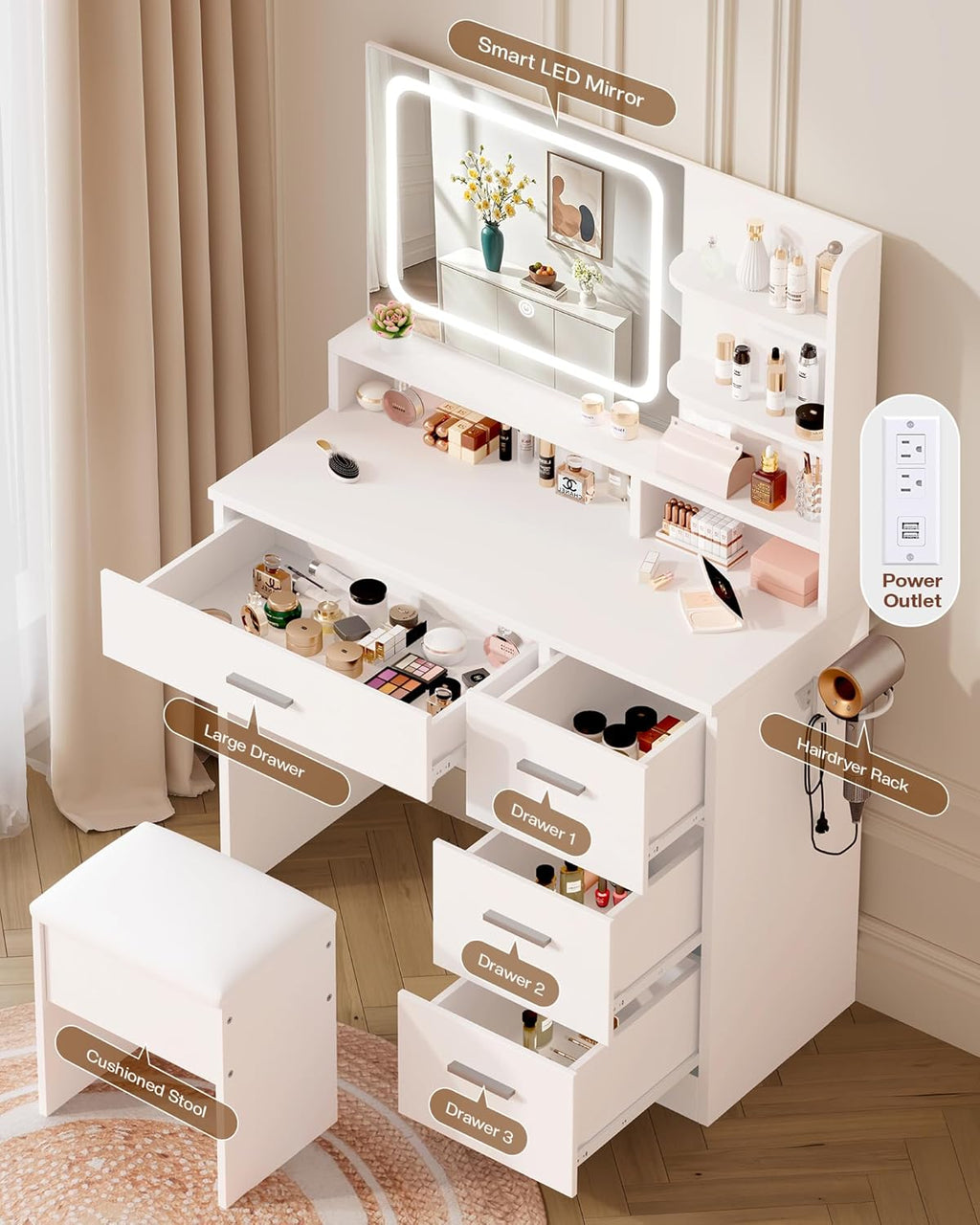 Makeup Vanity Desk Set, 35.4“Wx15.7”Dx53.9“H, White (Smart LED Mirror, with Cushion Stool, Hairdryer Rack, Power-Outlet, 4 Drawers, Open Shelves)