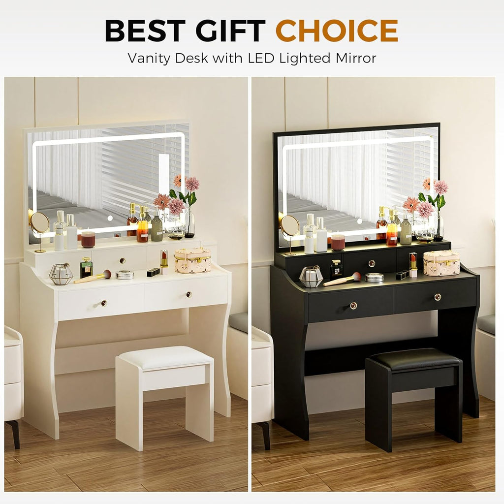 COMHOMA Makeup Vanity Desk with Mirror and Lights, Vanity Table and Chair Set with 5 Drawers and Charging Station, Bedroom Dresser LED Mirror Stepless Dimmable & 3 Color Modes Adjustable, White