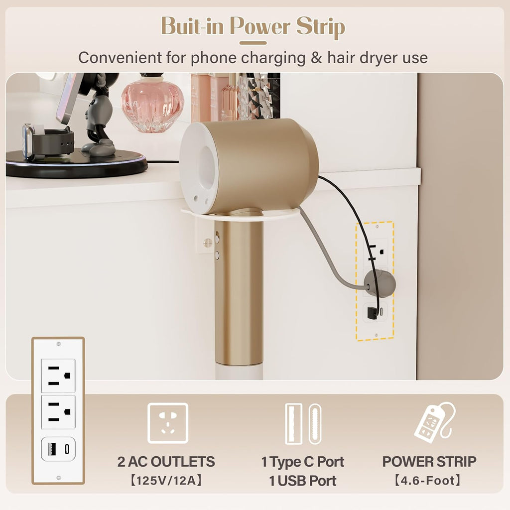 JUMMICO 35.4" Vanity Desk with LED Mirror & Power Outlet, Makeup Vanity Table with 3 Open Storage Shelves, Drawers and Cabinet, 3 Model Adjustable Lights for Bedroom & Dressing Room (White)