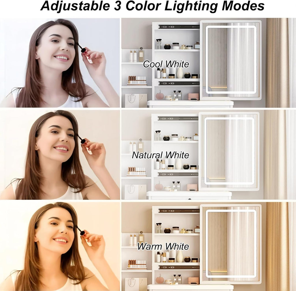 Vanity Desk Makeup Vanity Desk with Sliding Mirror and Lights, Makeup Vanity Set with Drawers, Stool and Open Shelves, 3 Color Lighting Modes Brightness Adjustable Dressing Table for Bedroom (Model 1)