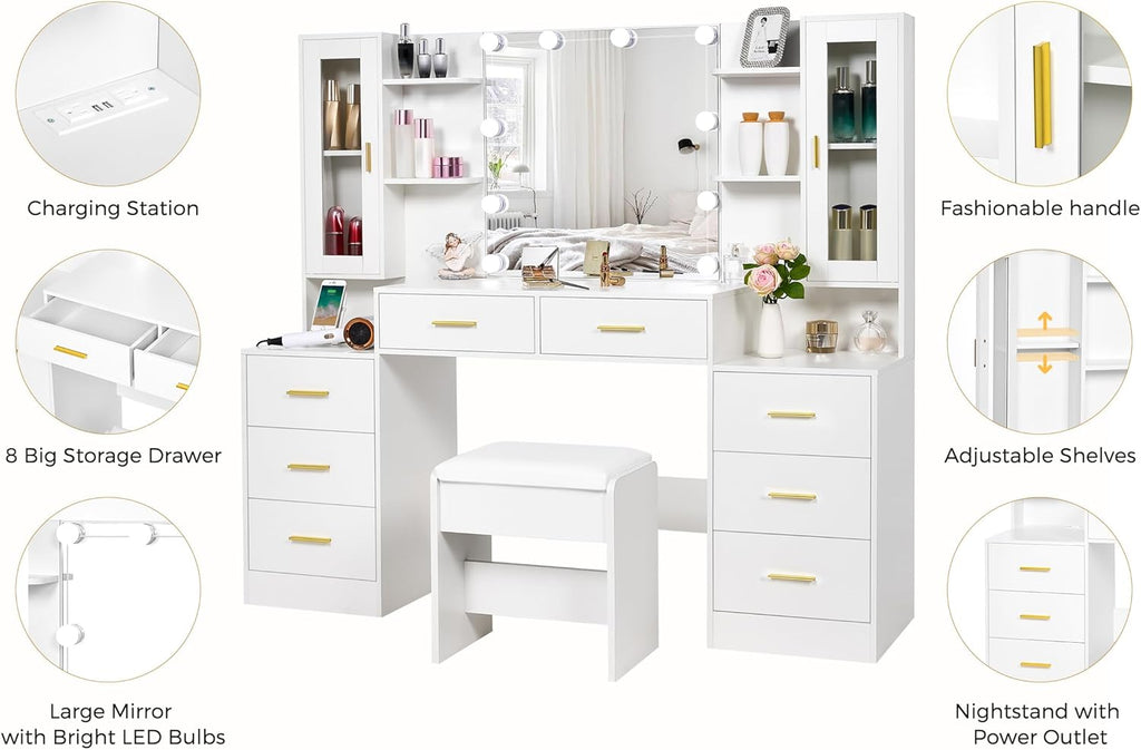 ANWBROAD 59.1" Large Vanity Desk with Mirror & Lights White Makeup Vanity Set with Power Outlet and 8 Drawers 3 Lighting Modes Adjustable Dressing Table for Girl Women Bedroom Dressing Room UBDT67W