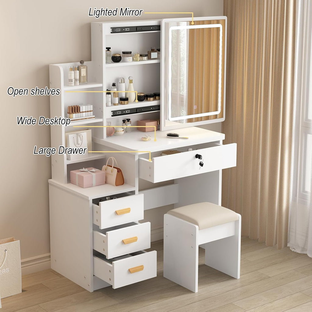 Vanity Desk Makeup Vanity Desk with Sliding Mirror and Lights, Makeup Vanity Set with Drawers, Stool and Open Shelves, 3 Color Lighting Modes Brightness Adjustable Dressing Table for Bedroom (Model 1)