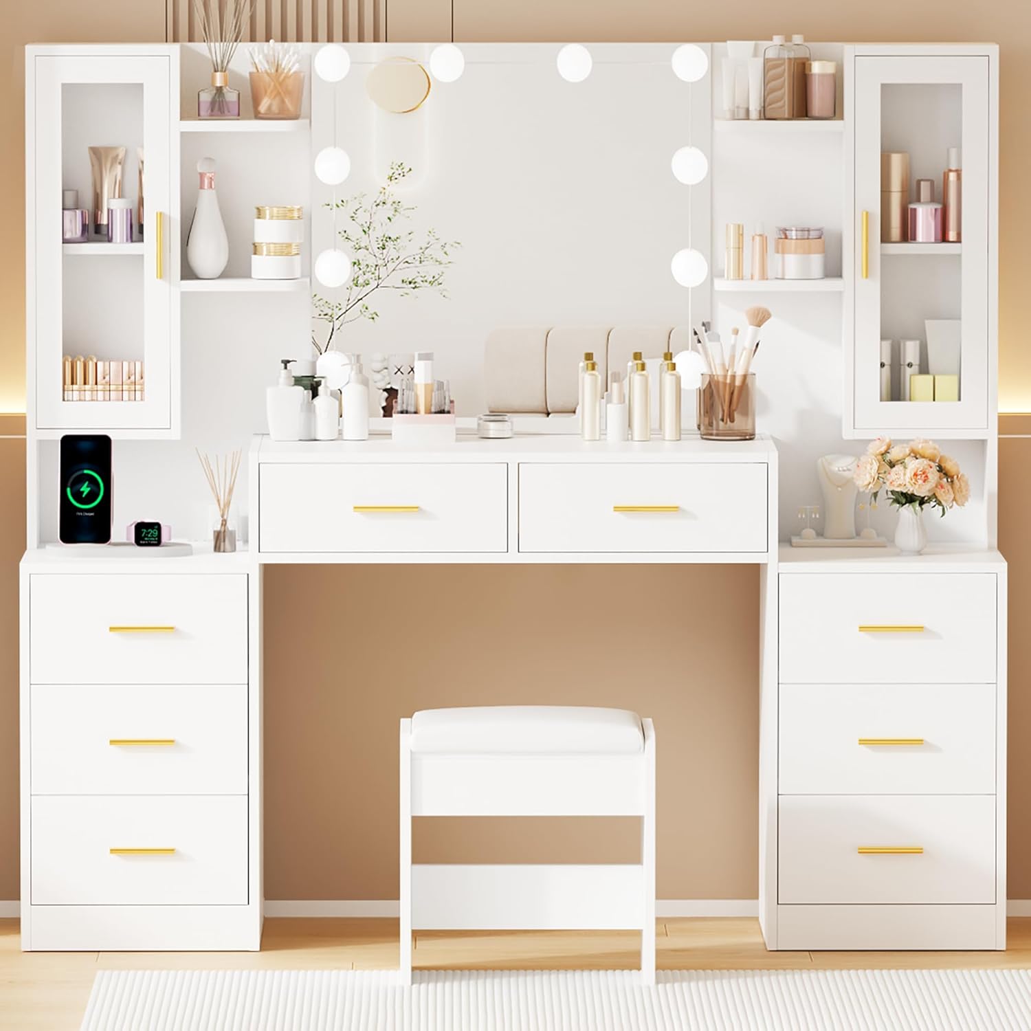 ANWBROAD 59.1" Large Vanity Desk with Mirror & Lights White Makeup Vanity Set with Power Outlet and 8 Drawers 3 Lighting Modes Adjustable Dressing Table for Girl Women Bedroom Dressing Room UBDT67W