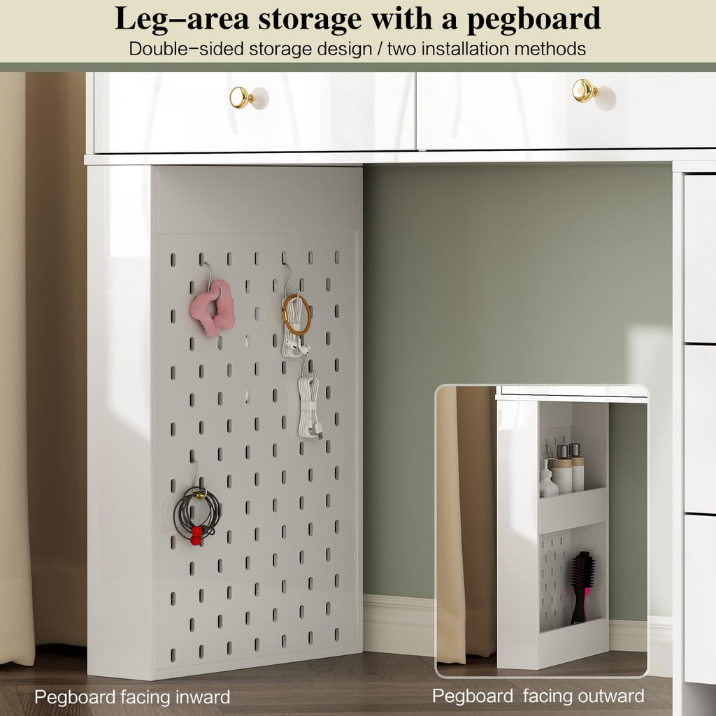 Makeup Vanity Desk with Mirror and Lights, Vanity Desk with 8 Drawers & Storage Shelves, Vanity Table with Power Outlet, 3 Color Modes & Adjustable Brightness Dressing Table, Bedroom,White