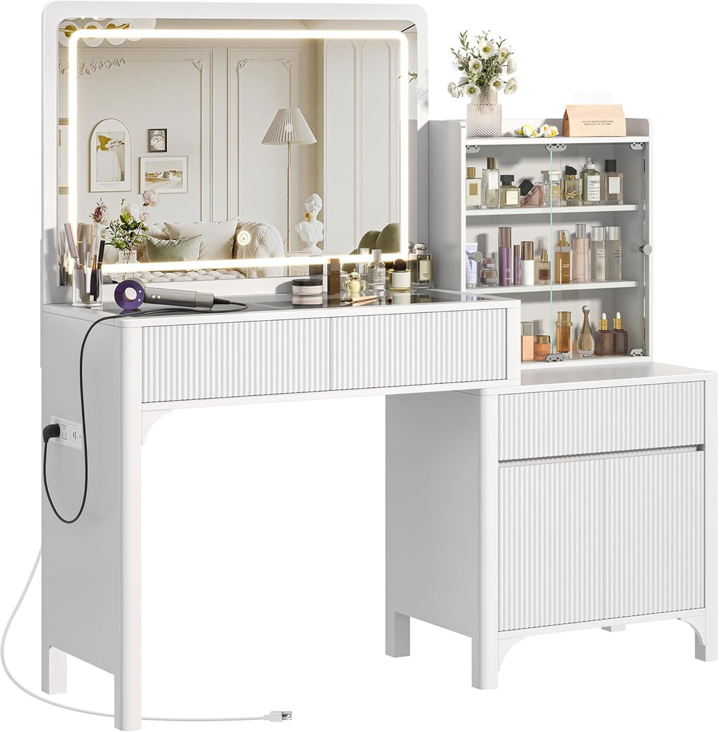 PRAISUN 55'' Large Makeup Vanity Desk with 35.4'' LED Mirror & Power Outlets, Painted Surface White Vanity with Glass Top, 3 Drawers and Cabinet, Fluted Big Dressing Vanity Table