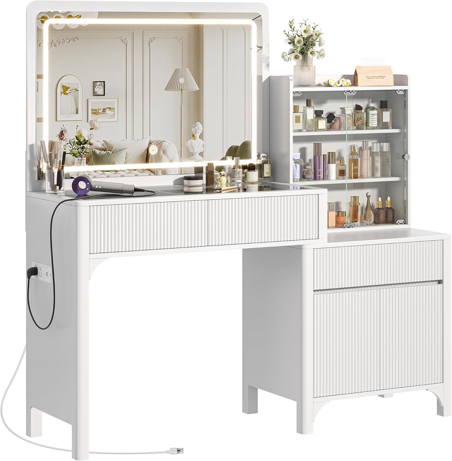 PRAISUN 55'' Large Makeup Vanity Desk with 35.4'' LED Mirror & Power Outlets, Painted Surface White Vanity with Glass Top, 3 Drawers and Cabinet, Fluted Big Dressing Vanity Table