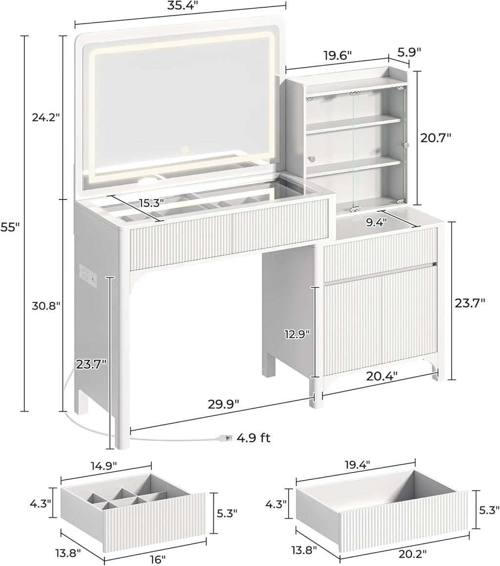 PRAISUN 55'' Large Makeup Vanity Desk with 35.4'' LED Mirror & Power Outlets, Painted Surface White Vanity with Glass Top, 3 Drawers and Cabinet, Fluted Big Dressing Vanity Table