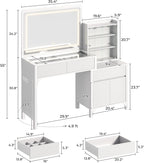 PRAISUN 55'' Large Makeup Vanity Desk with 35.4'' LED Mirror & Power Outlets, Painted Surface White Vanity with Glass Top, 3 Drawers and Cabinet, Fluted Big Dressing Vanity Table