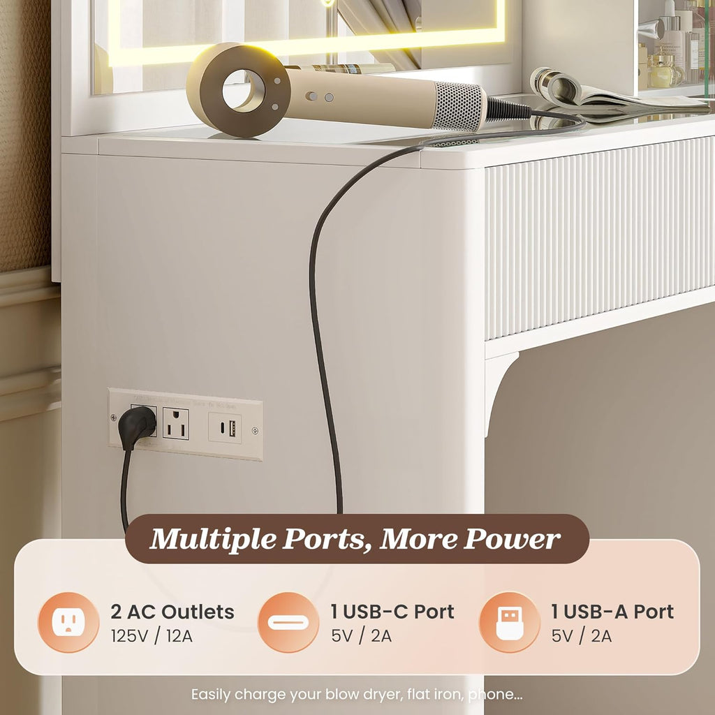 PRAISUN 55'' Large Makeup Vanity Desk with 35.4'' LED Mirror & Power Outlets, Painted Surface White Vanity with Glass Top, 3 Drawers and Cabinet, Fluted Big Dressing Vanity Table